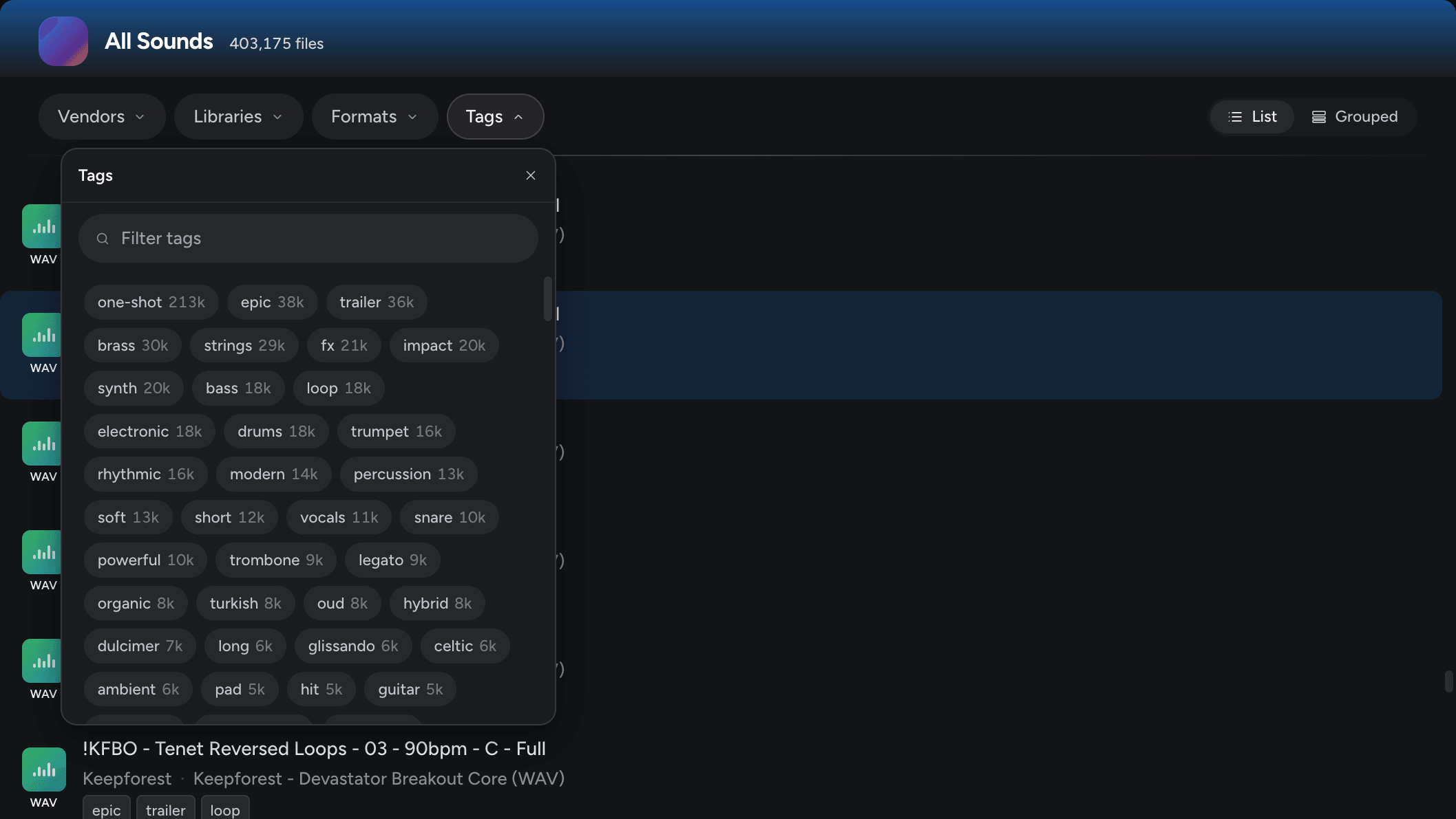 Coda auto-tagging panel showing instrument, vendor, and library